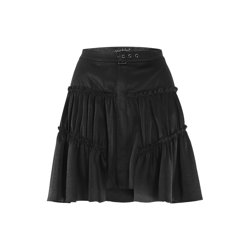 MARKFAST设计师品牌黑色绸光荷叶边短裙女M1CCW70170百搭