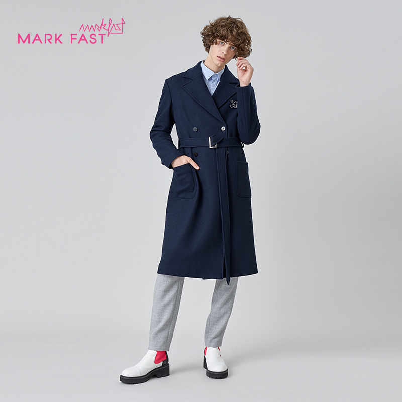 MARKFAST设计师品牌深蓝色毛呢大衣秋冬英伦中长外套M1BHM93140
