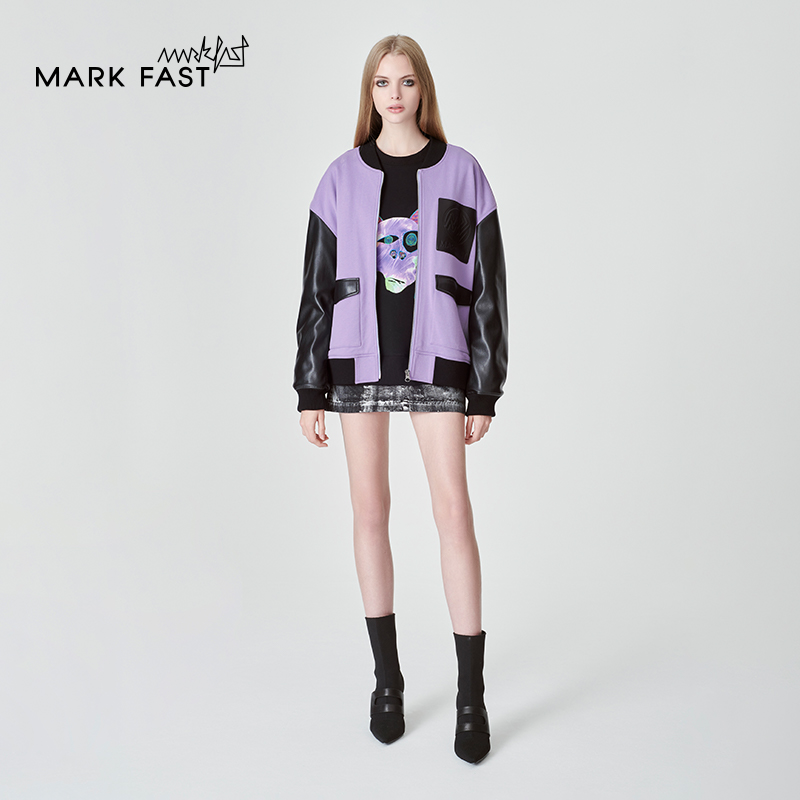 MARKFAST设计师品牌秋季紫色棉拼皮革夹克外套情侣款M1DGU14070