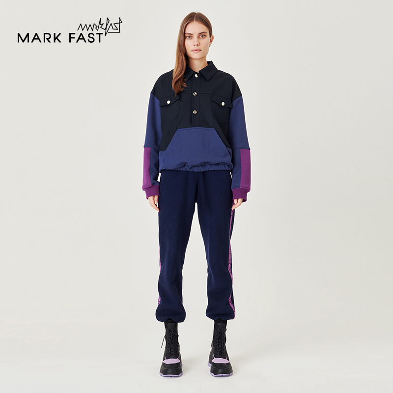 MARKFAST设计师品牌秋冬翻领拼布休闲长袖外套情侣款M1CGM27050