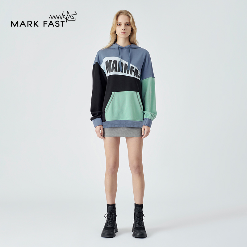 MARKFAST设计师品牌春季时尚拼色连帽LOGO卫衣情侣款M1DAU24130