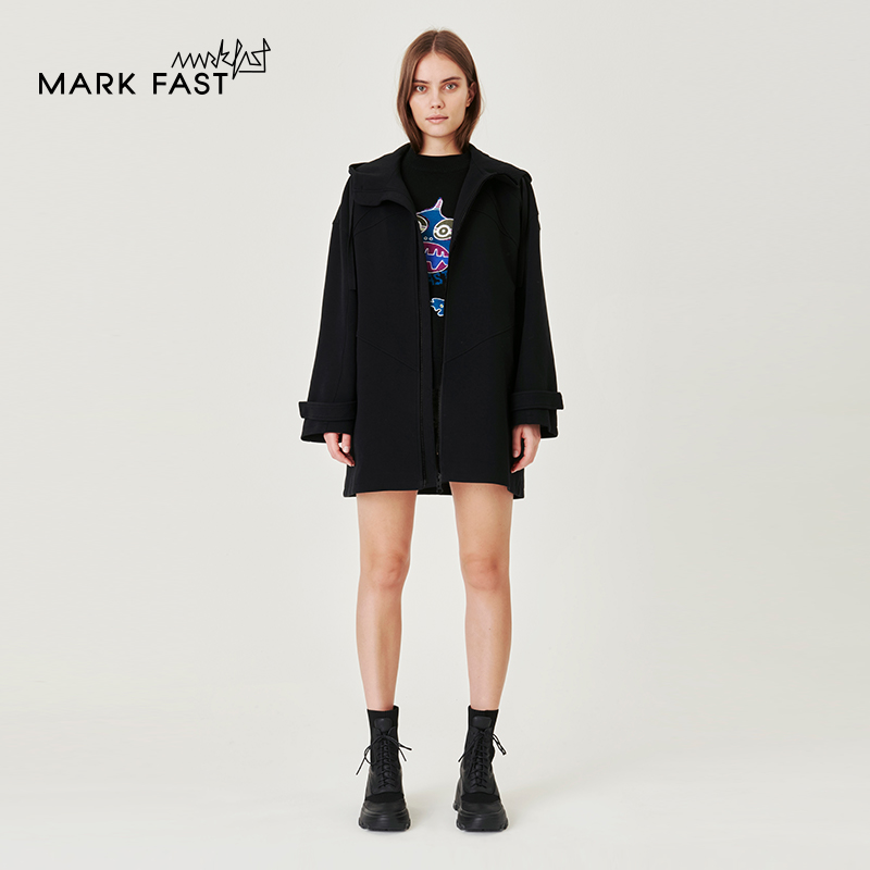 MARKFAST设计师品牌秋冬黑色休闲连帽中长外套情侣款M1CGU18660