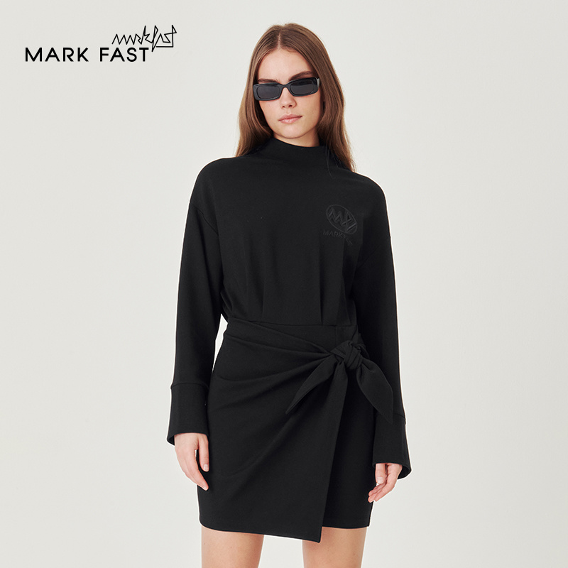 MARKFAST设计师品牌黑色假两件针织连衣裙女M1CGW61420长袖