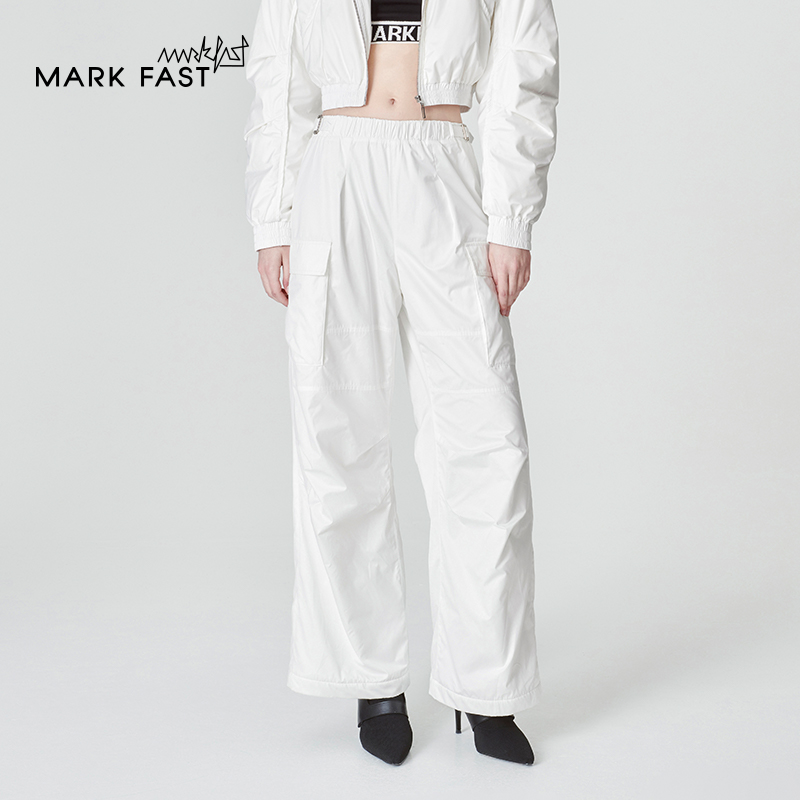 MARKFAST设计师品牌冬季白色摇粒绒加厚时尚工装裤女M1DIW51220