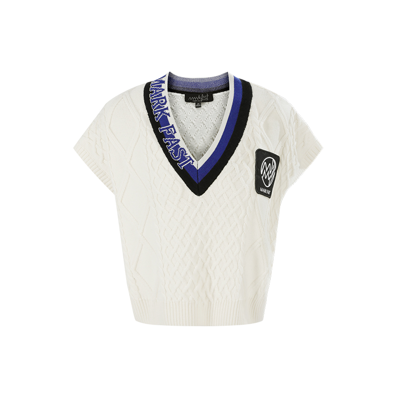 MARKFAST设计师品牌白色绞花针织背心女秋M1CGW07640毛衣百搭