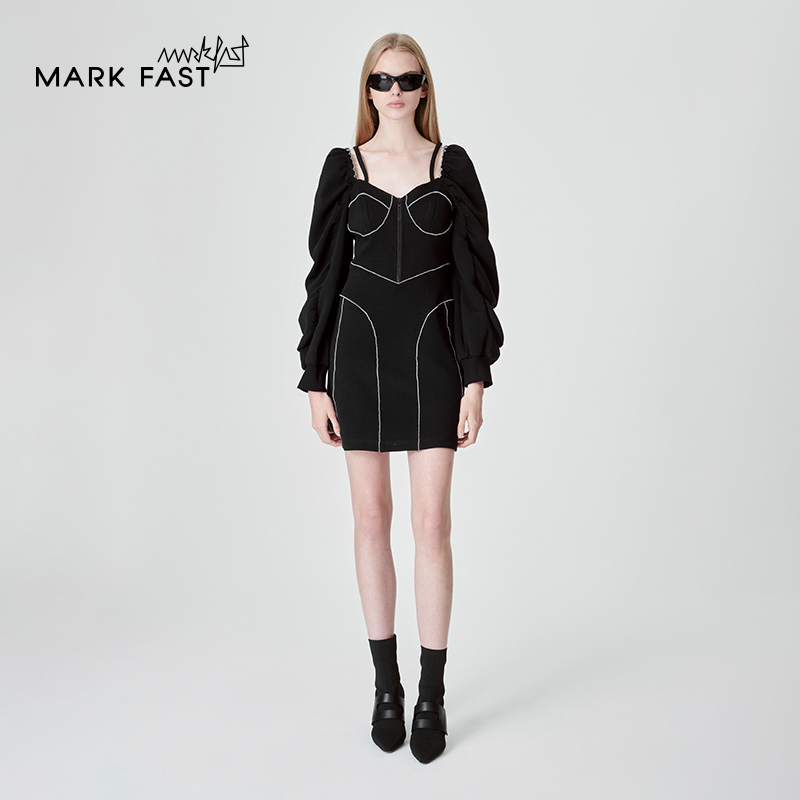 MARKFAST设计师品牌冬季抽褶撞色线棉感针织连衣裙女M1DHW61290