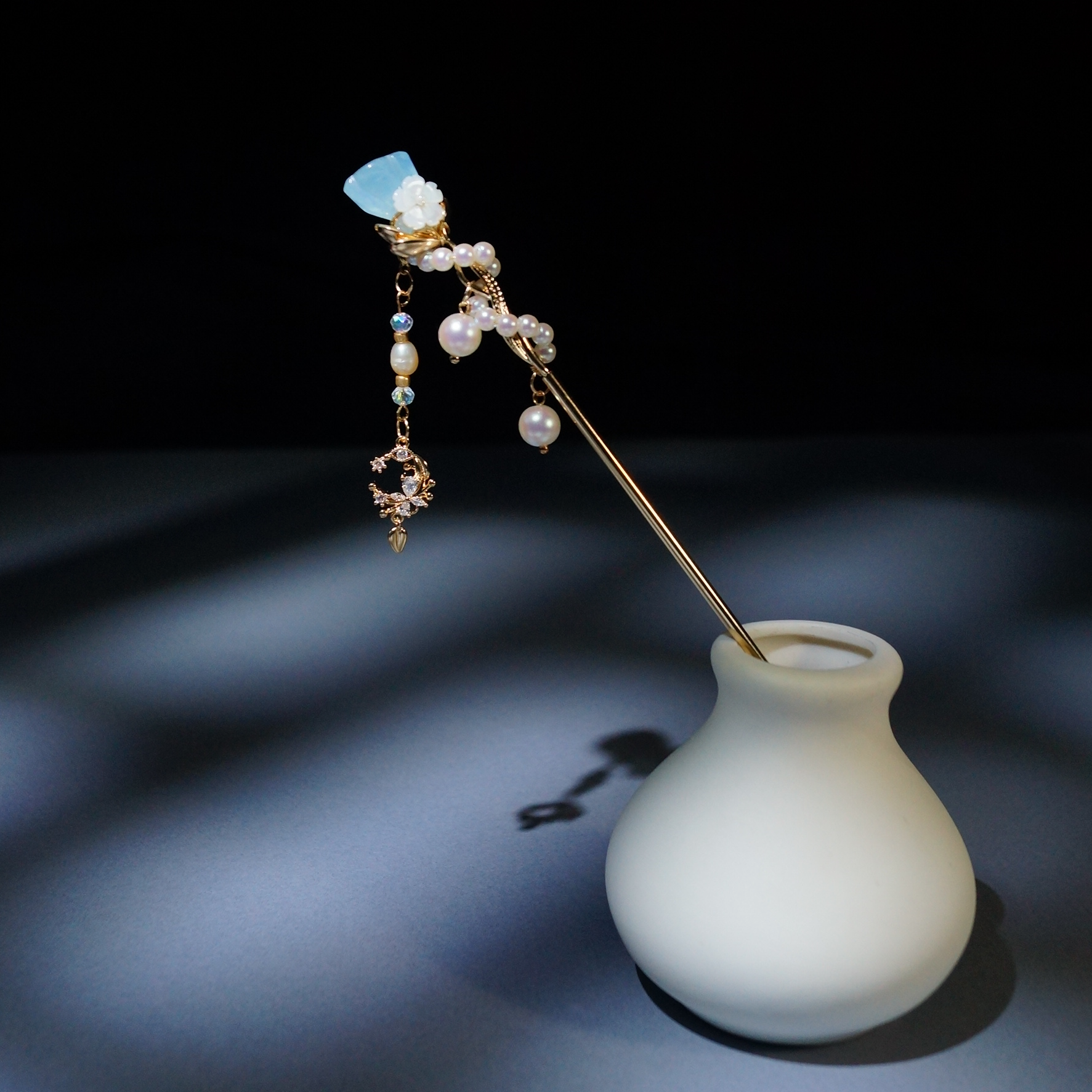 小师妹【灵素】新款海蓝色流苏发簪簪娘手工仙气国风