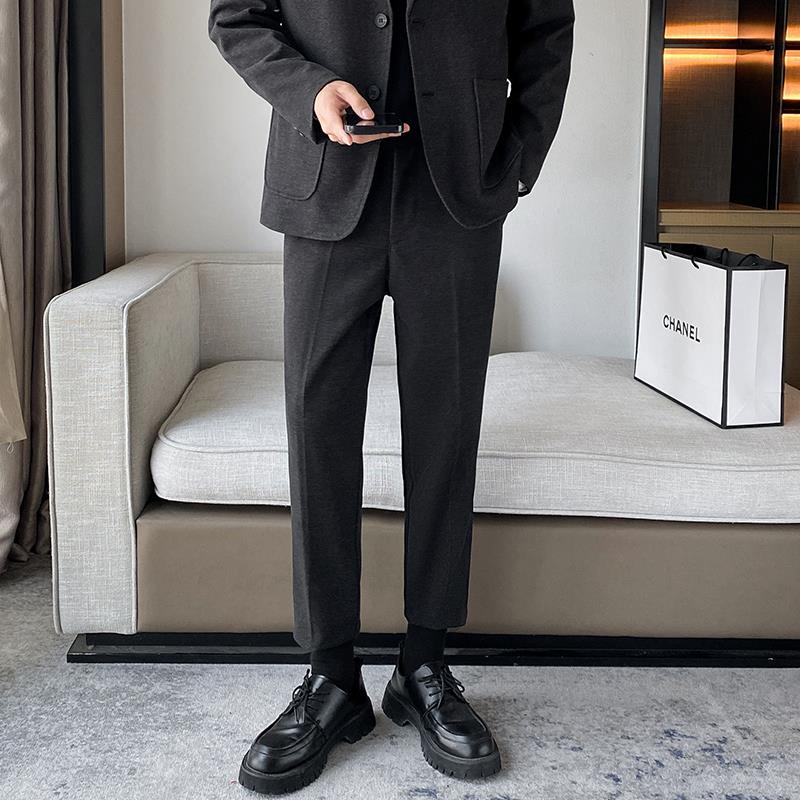 秋冬男士休闲裤毛呢西裤加厚九分免烫裤子修身直筒加厚正装长裤男