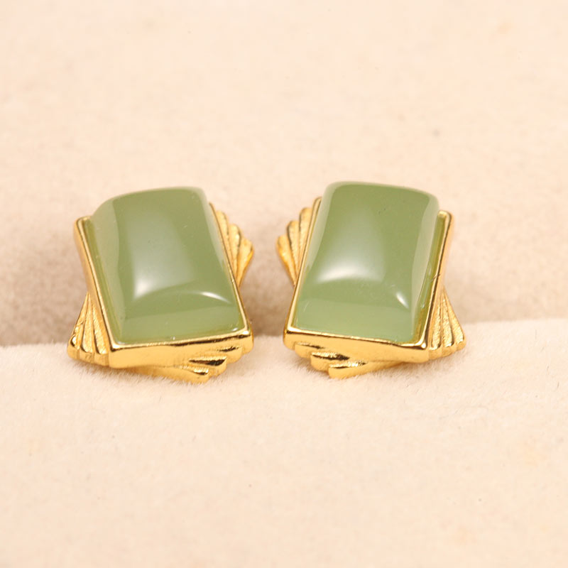 【叶叶珠宝】593 G 碧玉耳钉苹果绿s925银镶嵌小众时尚8.9*7.4*4.5