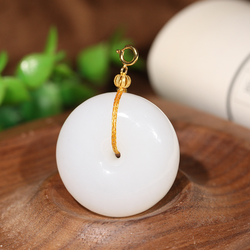 【叶叶珠宝】665 和田玉羊脂白玉平安扣+18k金镶嵌挂件吊坠30*11.5