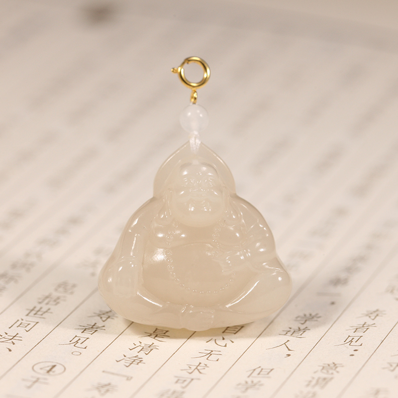 【叶叶珠宝】228 和田玉藕粉弥勒佛+18k金 挂件26*23*11mm