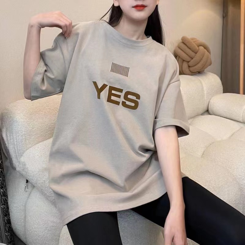 YES植绒白色短袖t恤女春夏季新款休闲百搭宽松中长款时尚印花上衣