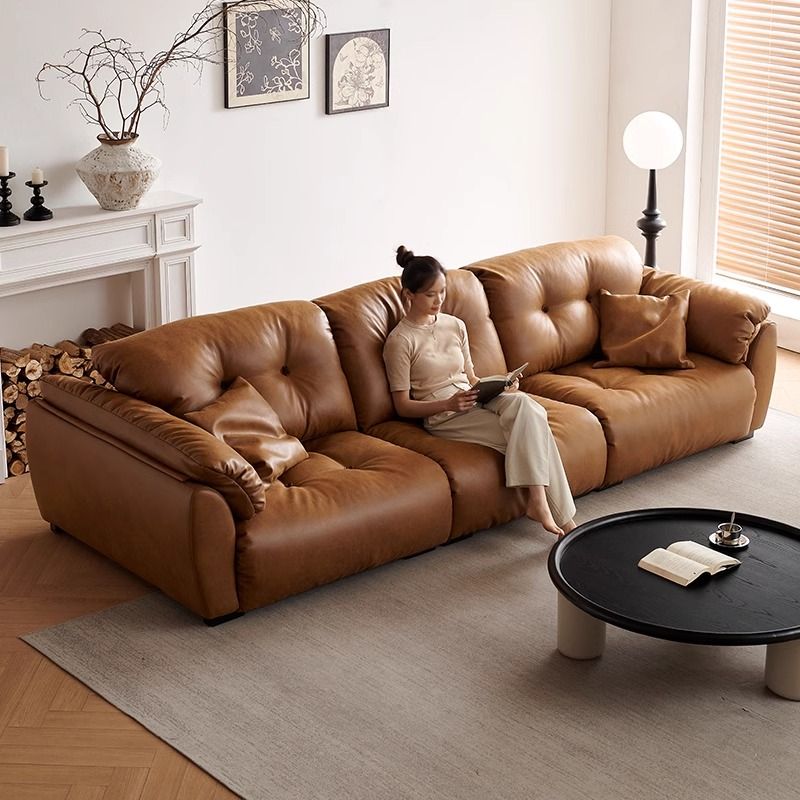 【双旦】云朵沙发客厅中古风头层皮油蜡皮雪尼尔可移动靠背真皮沙发