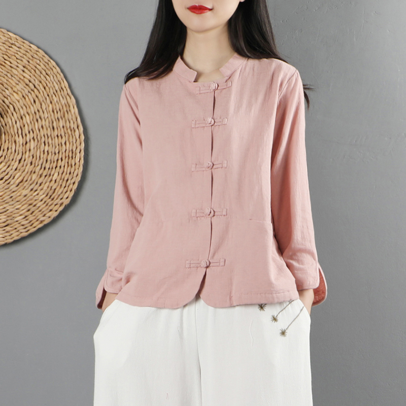 中国风盘扣立领棉麻小开衫女外搭亚麻衬衫女装上衣中式茶服衬衣