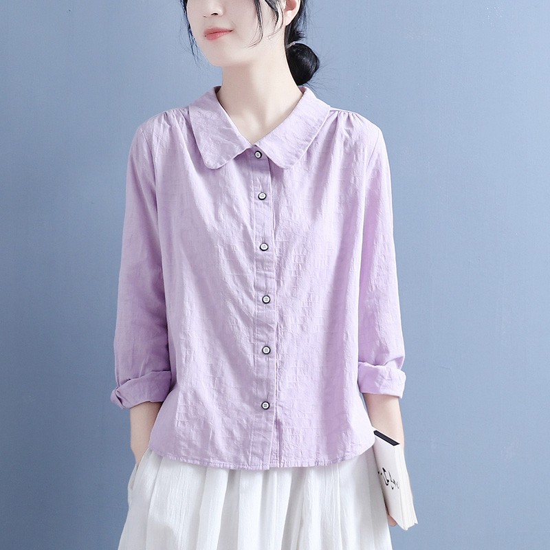 棉麻衬衫女春秋中国风娃娃领黑白扣提花休闲宽松长袖棉麻上衣女