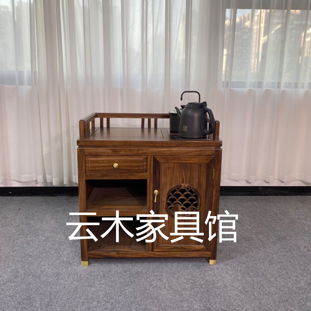 乌金木山水茶水柜新中式侧柜家用边几移动烧水壶一体茶边柜收纳柜