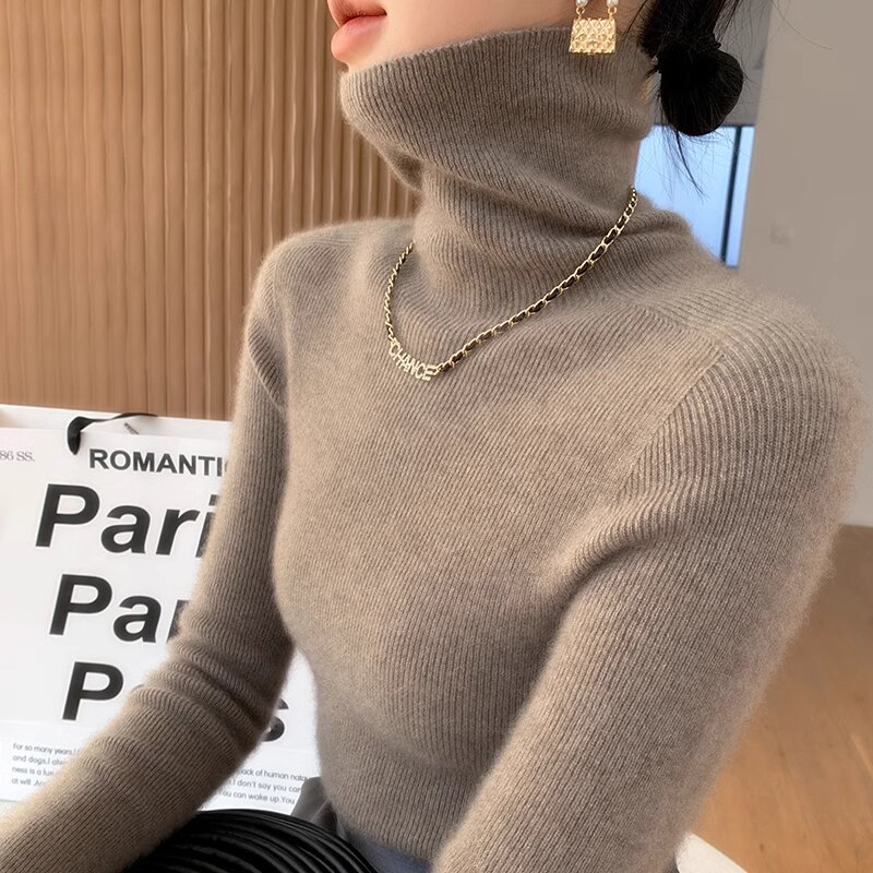 【一线成衣】秋冬新款羊毛抽条堆堆领时尚百搭修身洋气针织毛衣打底