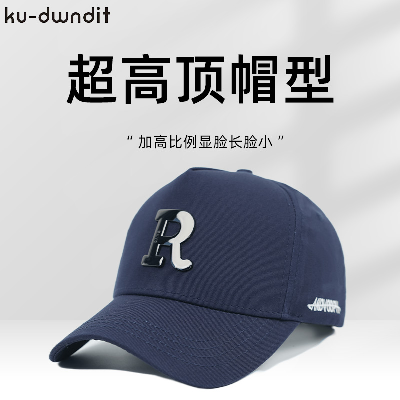 新品男女同款棒球帽金属R高顶帽潮牌休闲加大硬顶大头围鸭舌帽子