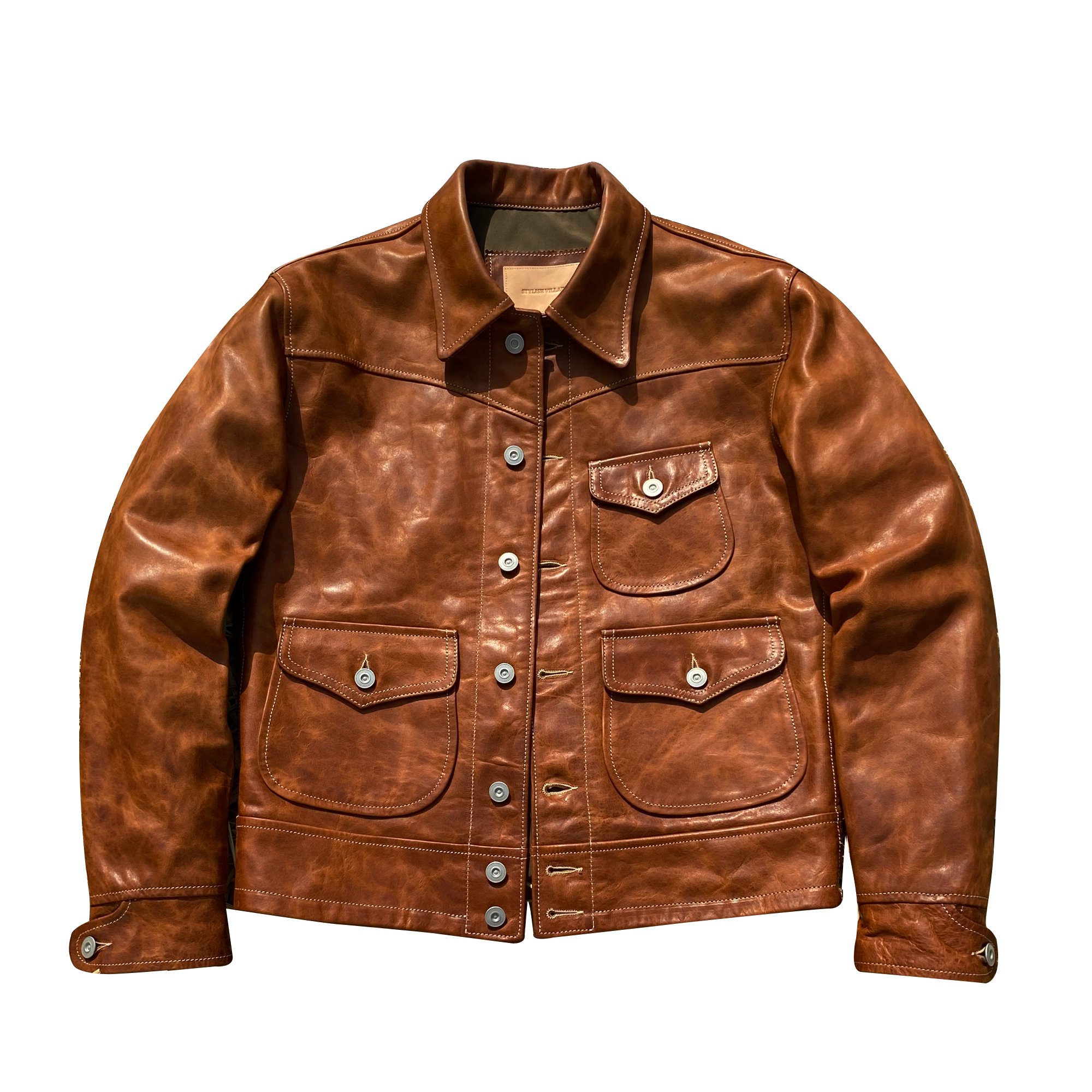 非RRL三兜同款头层油蜡牛皮皮衣男美式复古大码翻领短款真皮夹克