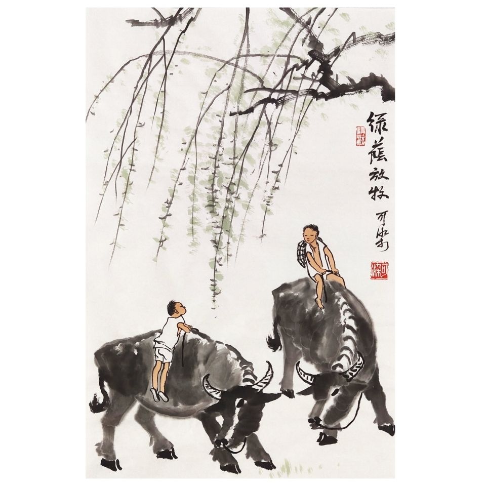 【特价】名人字画李可染四尺三开精品大师手绘国画作品装饰画装饰品