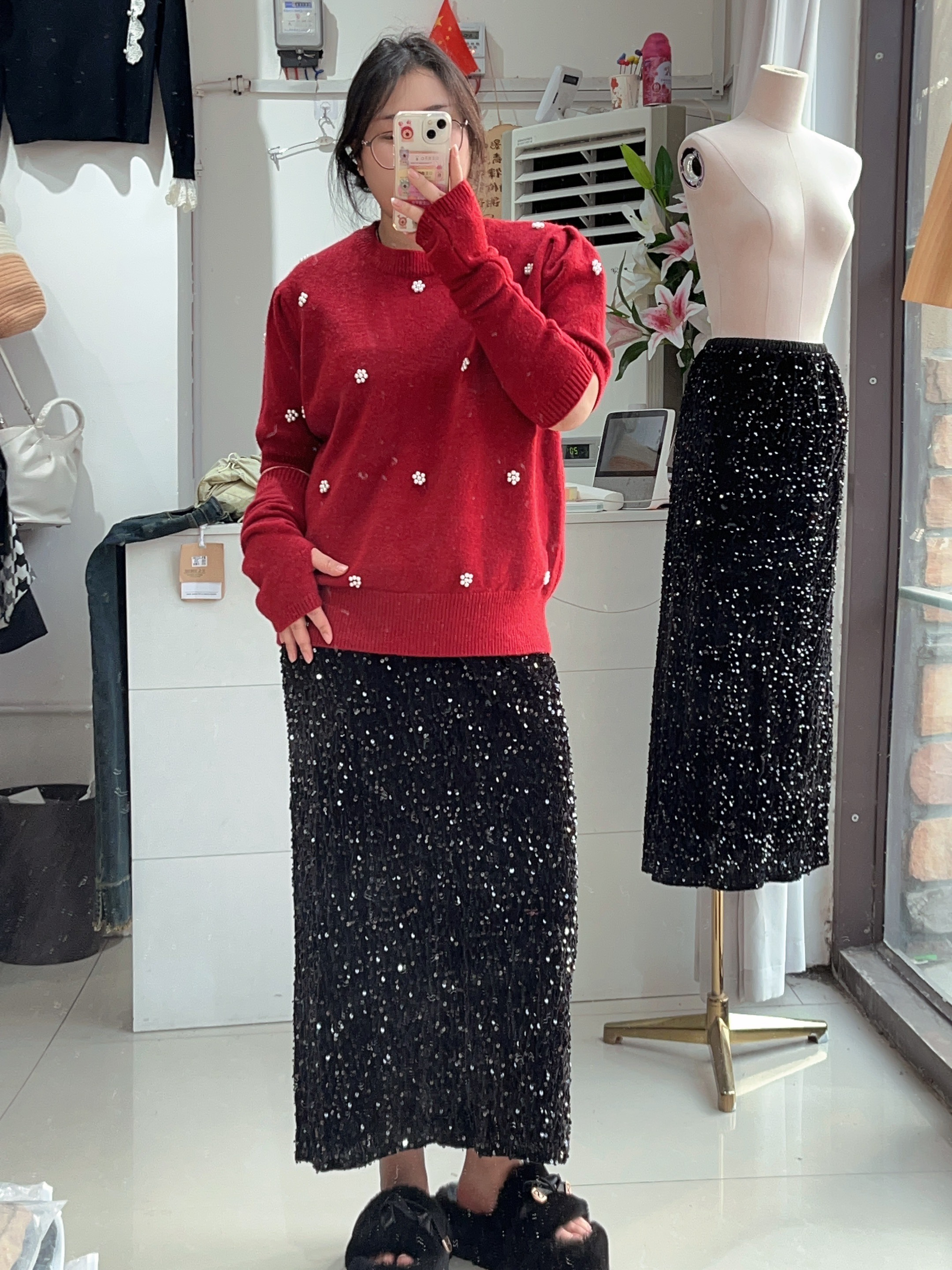 大码显瘦亮片半裙