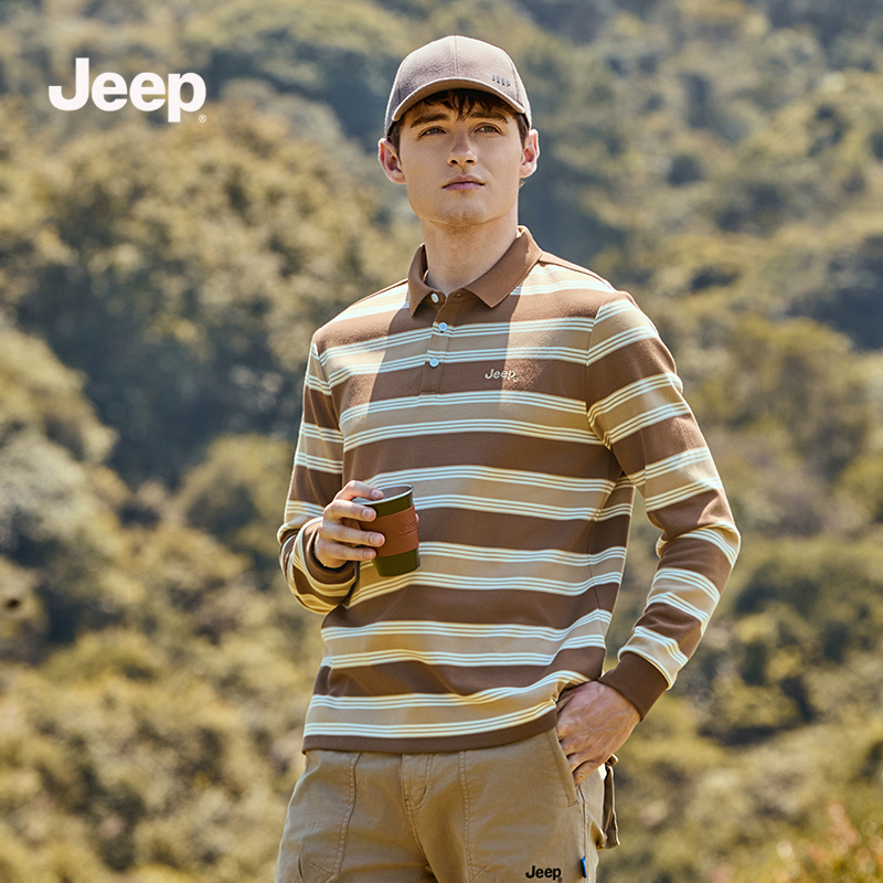 JEEP吉普春秋男士时尚百搭休闲舒适条纹长袖美式翻领polo衫男装