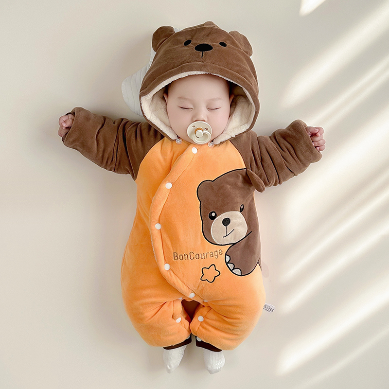 婴儿冬绒面连体衣加绒加厚冬季宝宝外出棉服三层夹棉幼儿保暖衣服