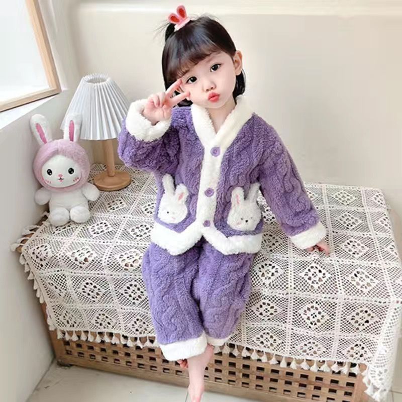 女童大童小童加绒加厚睡衣套装秋冬款冬季女孩宝宝珊瑚绒家居服