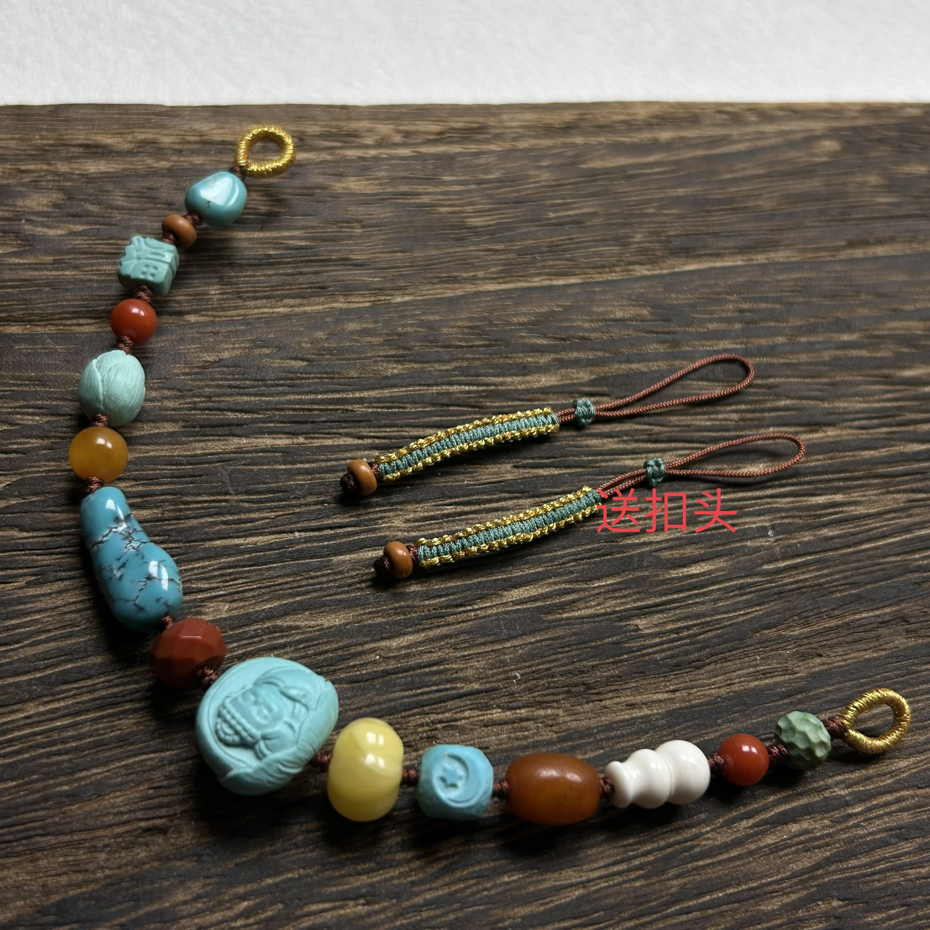 双挂手机链原矿绿松石哑光卧佛六方滴流需自配一物一图地大证书