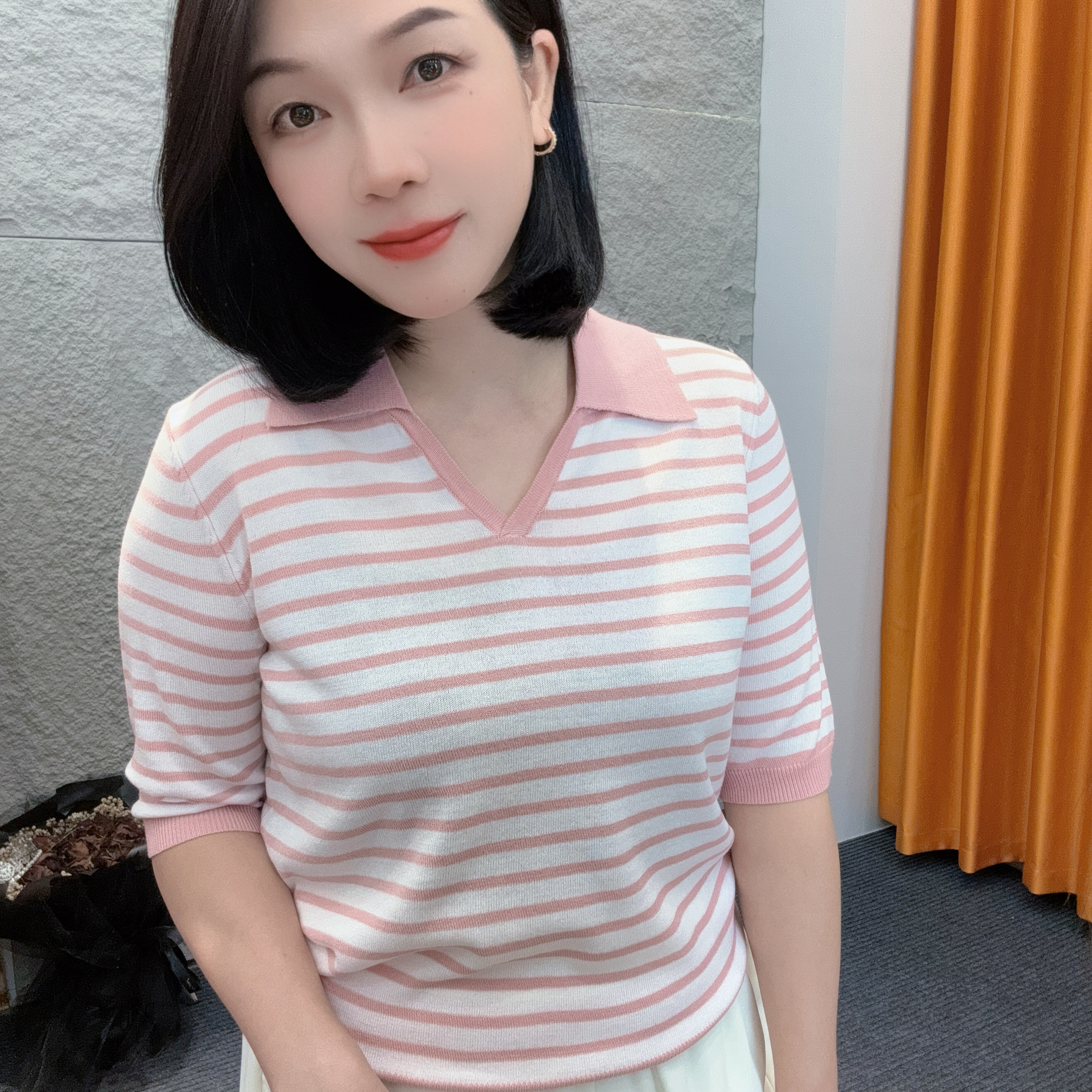 4565秋季新款中袖显瘦Polo领针织衫V领条纹气质通勤上衣女款