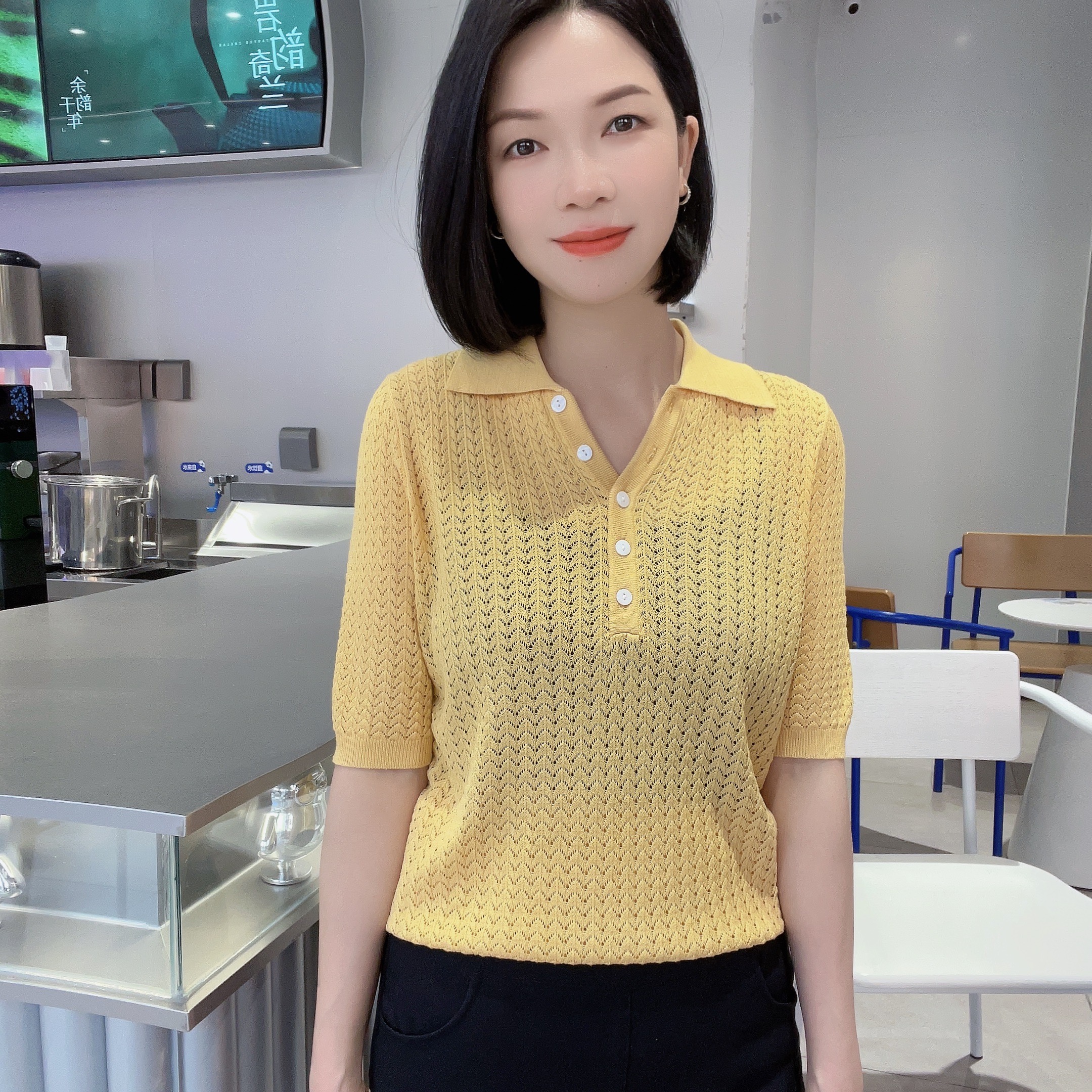 4013A新款短袖镂空针织纯色翻领纽扣时尚百搭洋气粉色休闲上衣女