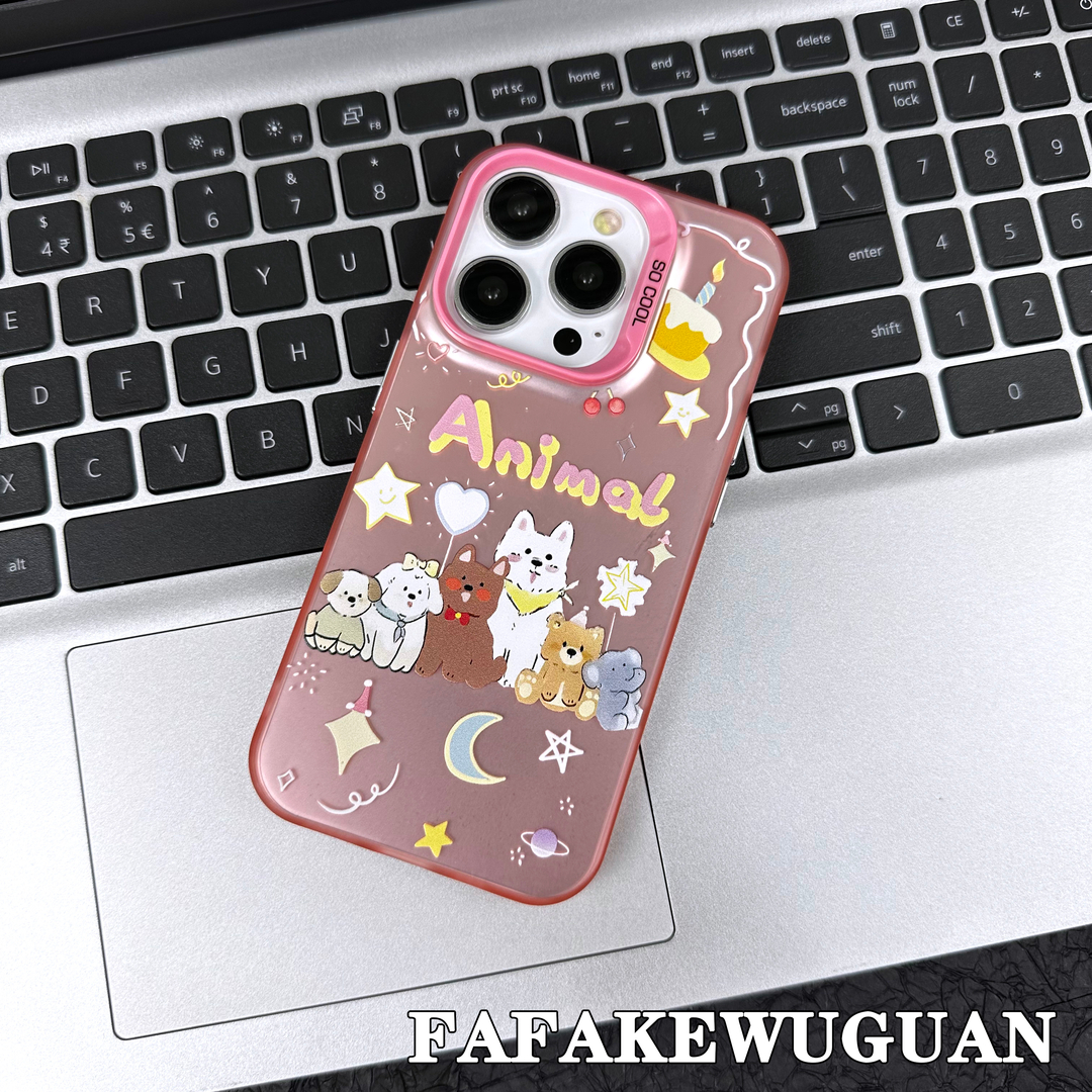 适用苹果15INS可爱手绘狗狗彩银粉色手机壳iphone15pro/14pro