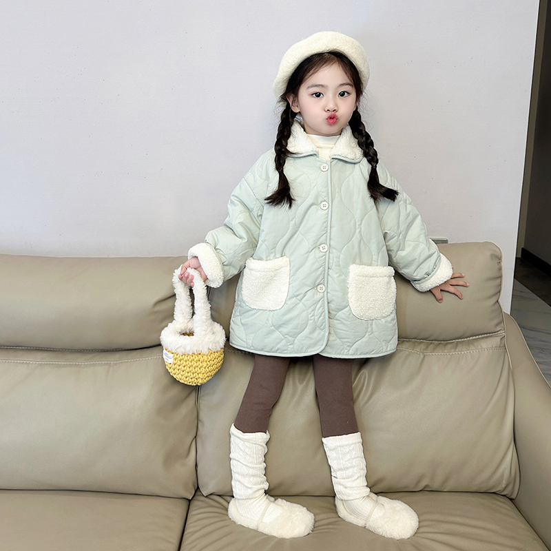 女童韩版套装2024冬季新款薄荷绿棉服加绒打底裤两件套幼儿园穿搭