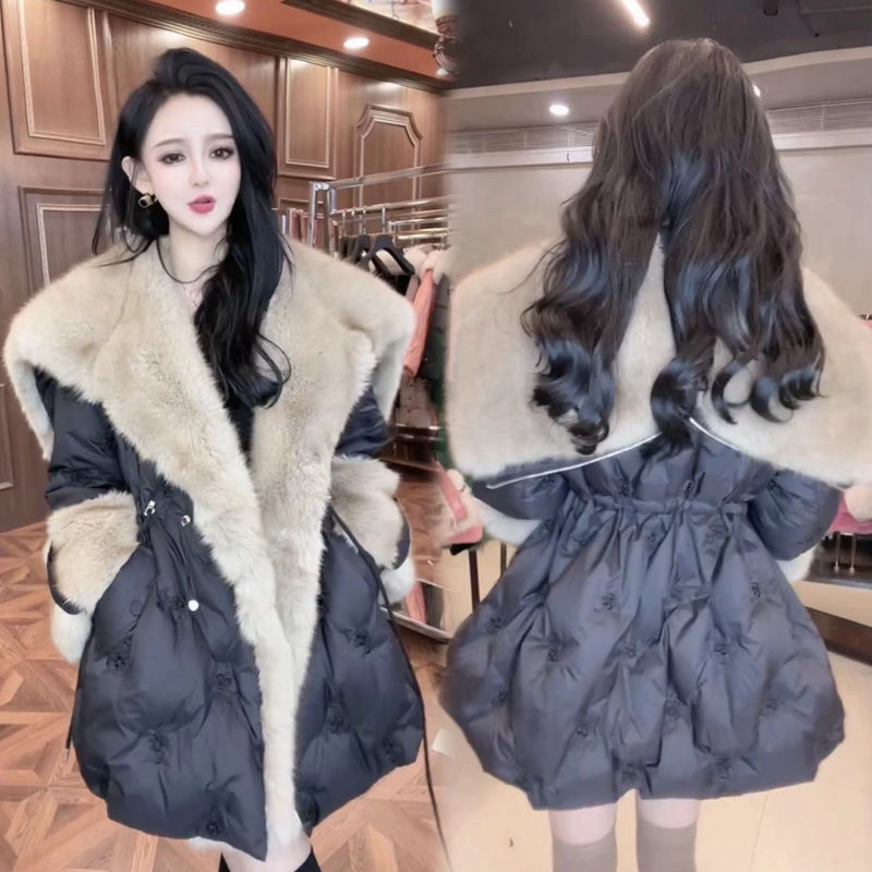 雪中飞欧货天使之翼2022冬季新款韩版时尚连帽羽绒服女大毛领中长