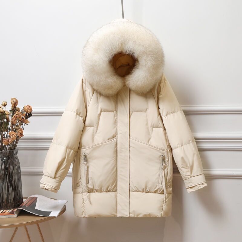 雪中飞2023冬季新款真狐狸毛羽绒服女中长款韩版加厚时尚宽松白鸭