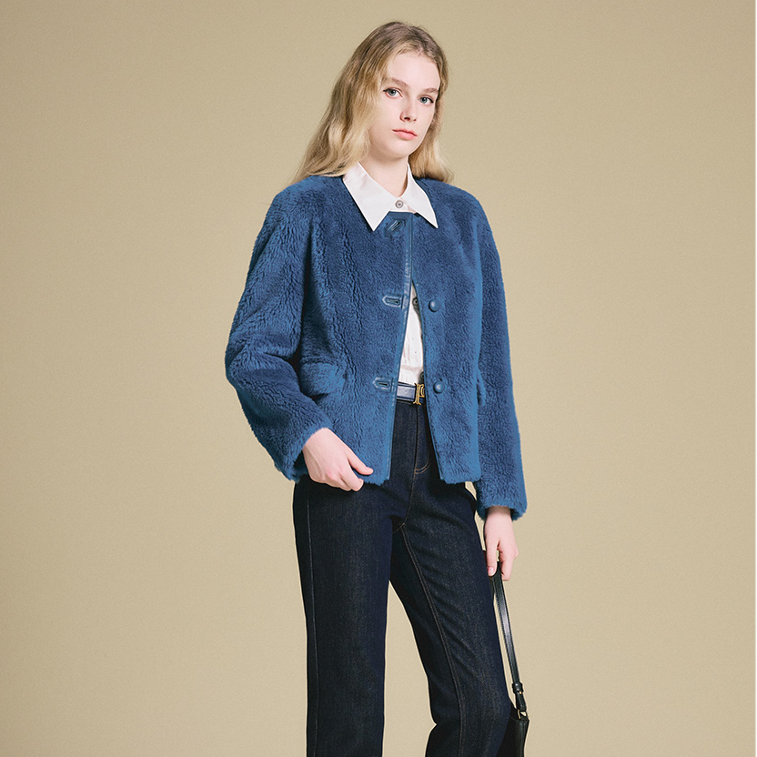 诗篇2025秋季气质新时尚高贵短款贵气蓝色外套6C65110103