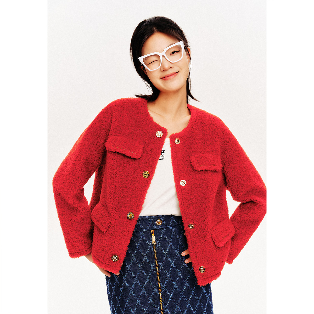 诗篇25年新款100绵羊毛短款厚外套6C34110020