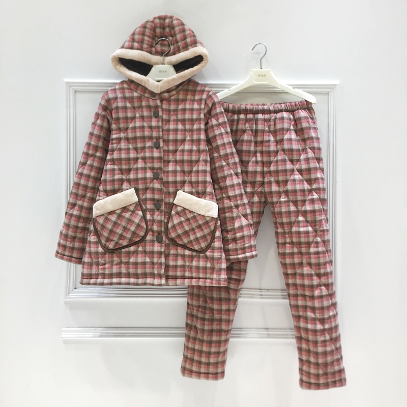 妮可雅连帽睡衣冬季女加绒加厚纯棉保暖三层夹棉复古格子家居服