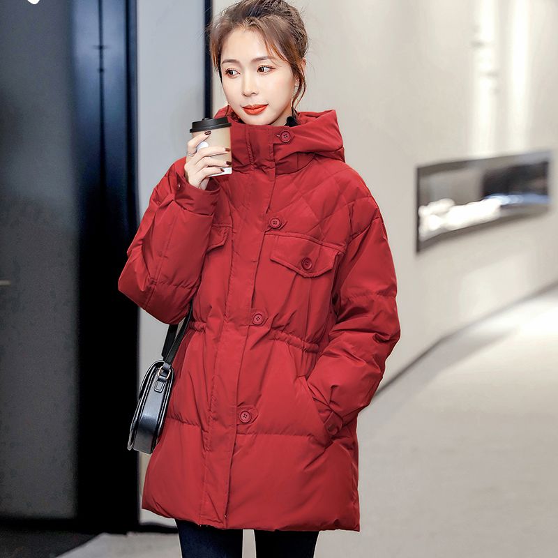 欧货红色加厚羽绒服女中长款2024年新款冬季收腰小个子白鸭绒外套