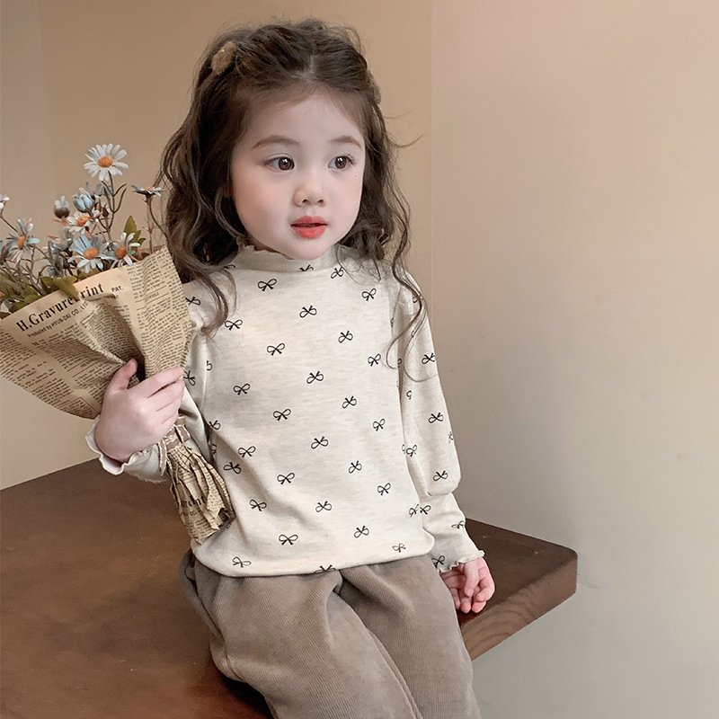 女童打底衫2024新款秋冬季女宝宝蝴蝶结薄绒款式加绒加厚双色保暖