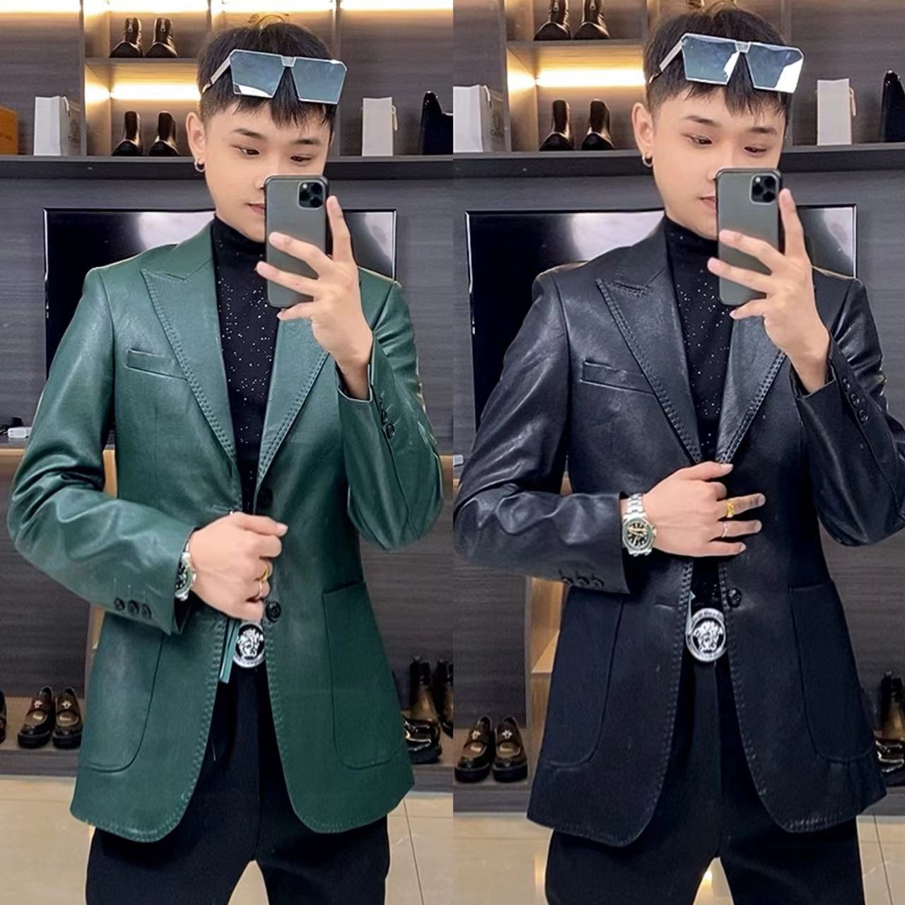 高级潮款皮衣西服（绿色/黑色）男士时尚休闲春季修身商务韩版秋季