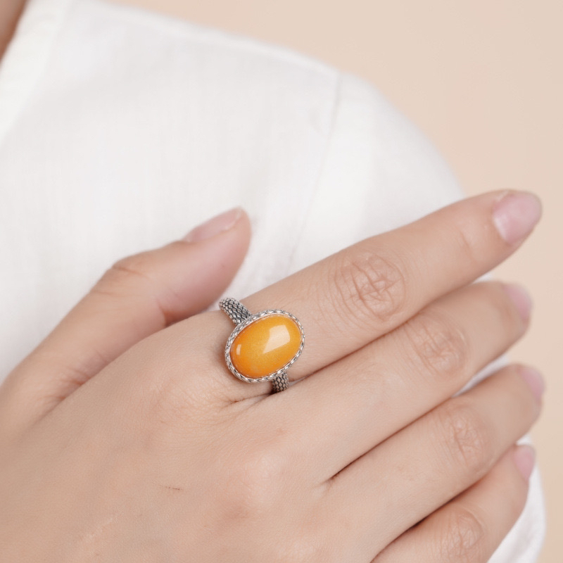 s925银镶做旧蜜蜡戒指开口女士气质百搭