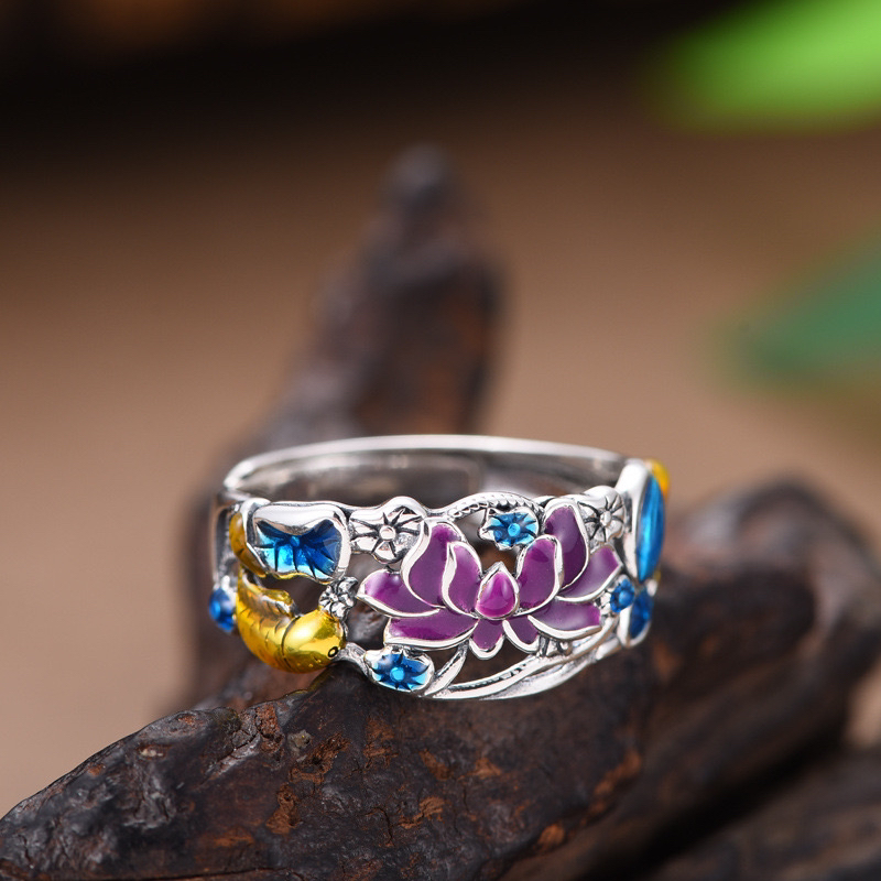 925银戒指 荷塘月色双鱼简约时尚滴胶鱼戏莲叶戒指 