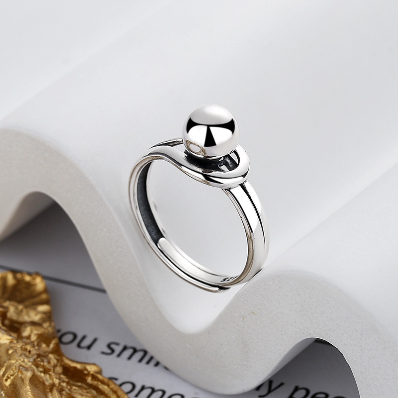925银戒指 欧美简约冷淡风几何圆球独特设计感开口戒指男女
