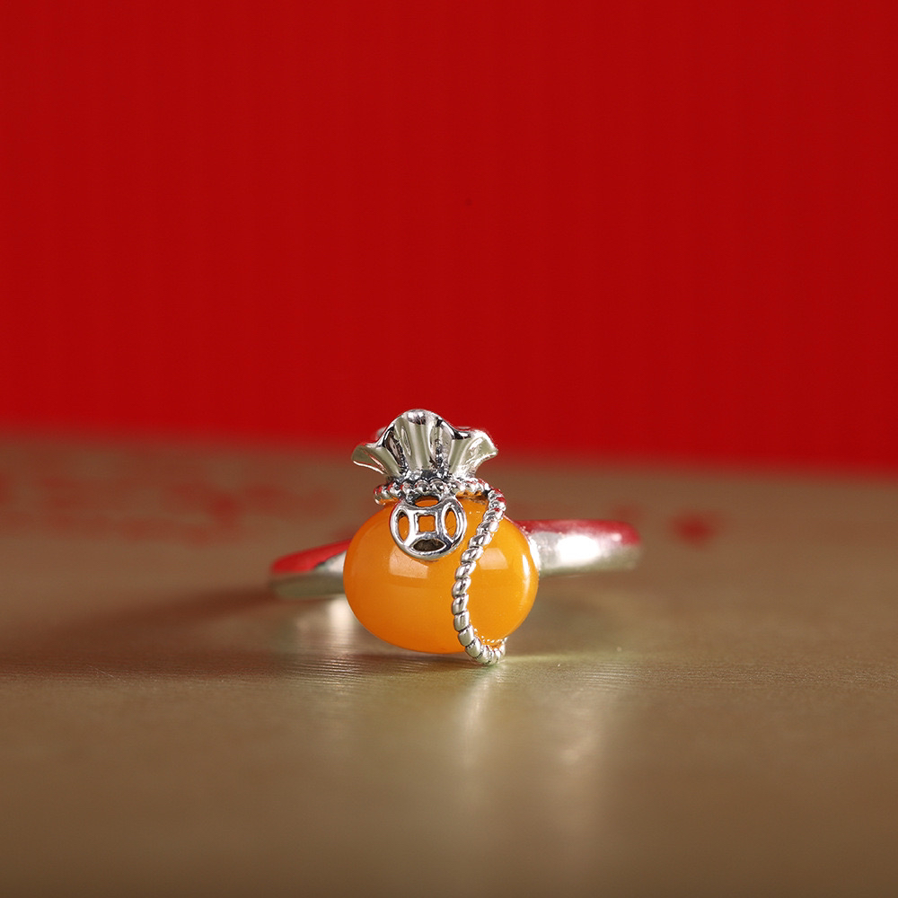 时尚简约手饰s925银饰品女式蜜蜡钱袋开口戒指