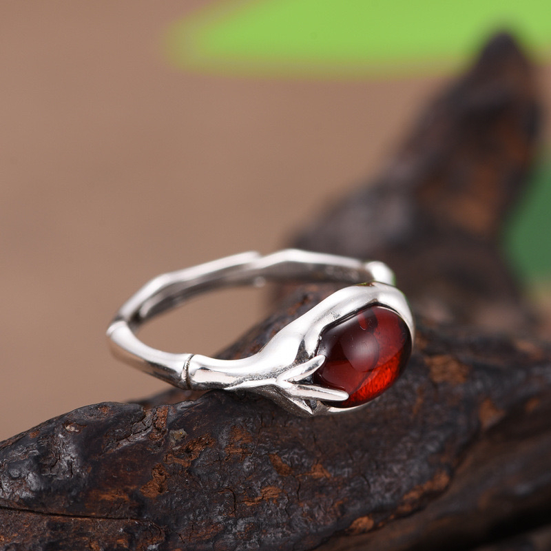 S925纯银血珀复古新中式节节高升竹叶竹节蛋面戒指气质指环 