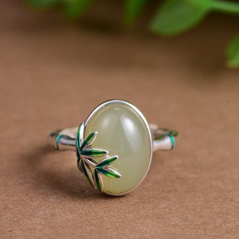 S925银戒指天然和田玉复古个性竹节竹叶指开 口纯银戒指复古蛋面 