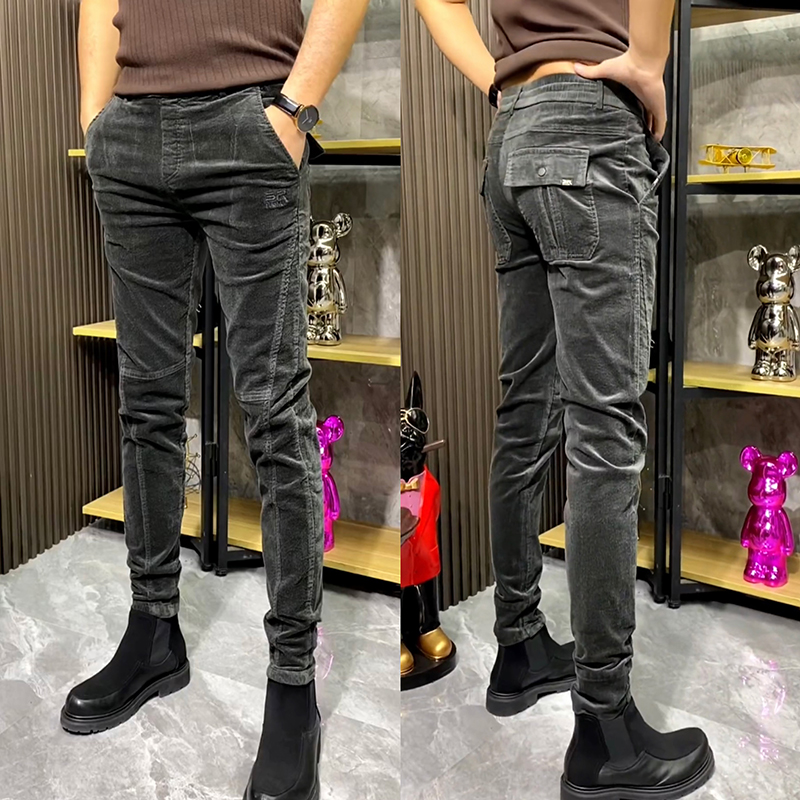 高档男士灯芯绒休闲裤秋冬新款潮流立体剪裁小脚裤修身弹力哈伦裤