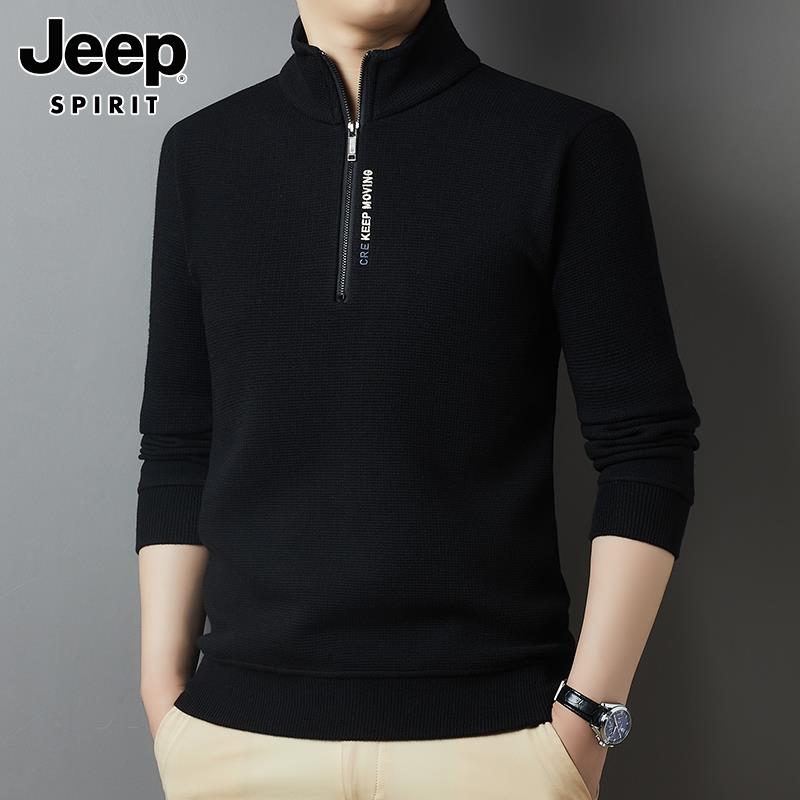 Jeep吉普毛衣男士冬季半高领拉炼打底毛线衣一体绒保暖针织衫男款