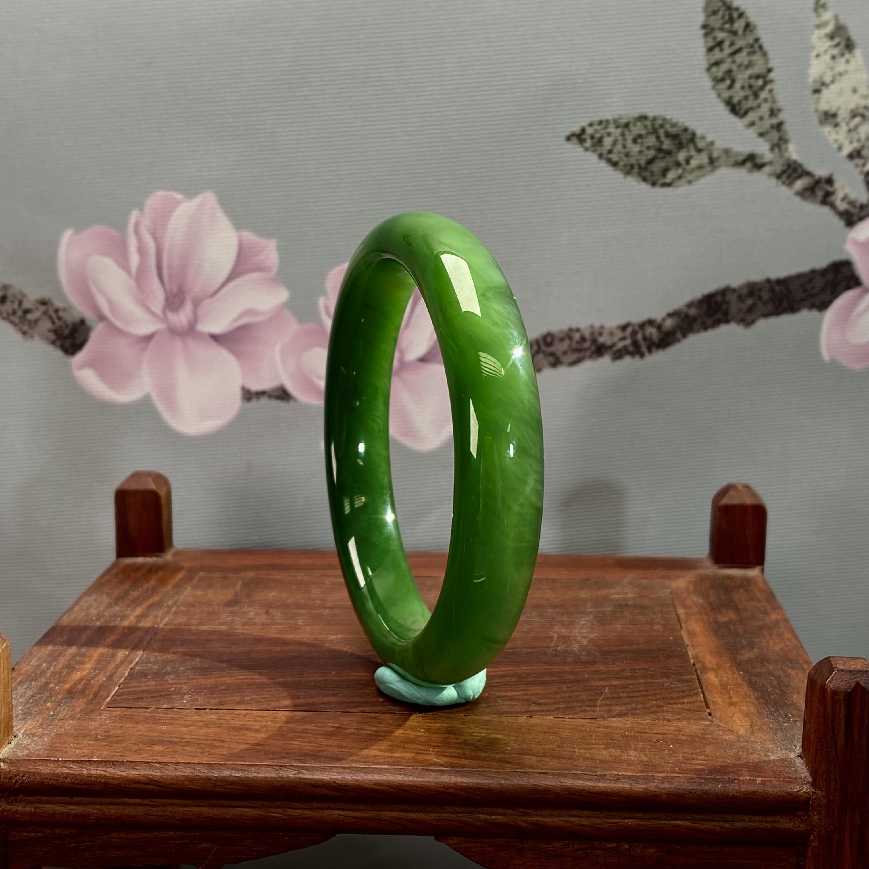 【芳華珠宝】·典藏级·和田玉碧玉·精选冰底猫眼手镯满绿大气